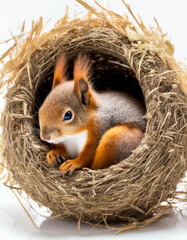 Cute small squirrel sleep in the nest isolated in a white. Generative AI.