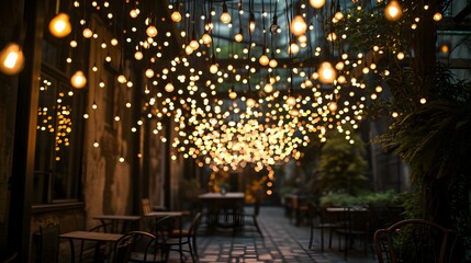 a patio with a lot of lights hanging from it's ceiling and a table with chairs in the background - obrazy, fototapety, plakaty
