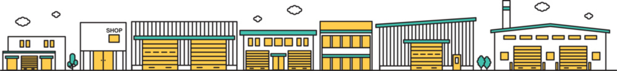 工場が多くある工業地域な街並みのシンプルな線画のイラストB