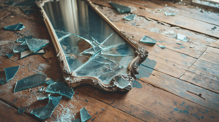 Shattered picture frame with pieces of broken  glass on the floor