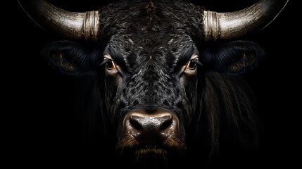Powerful and commanding bull portrait with intense gaze isolated on a dramatic black background - obrazy, fototapety, plakaty