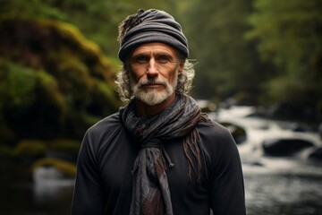 Portrait of a content man in his 50s wearing a versatile buff against a tranquil forest stream. AI Generation