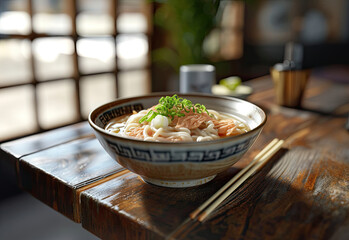 Japanese udon dish, with meat and green onions in a bowl, on top of a wooden table, chopsticks on the side