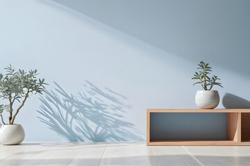 Minimal cozy mockup design for product presentation with a plant in tub against blue wall