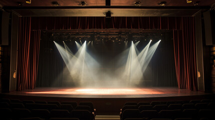 the scene of a flamboyant show. performing arts and performance scene. concert, theatre, stand up, dance show, art performance area. illuminated, colorful, large, contemporary. stage lights background