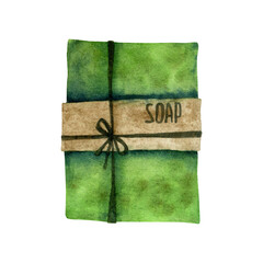 Hand drawn watercolor natural green soap isolated on a white background.