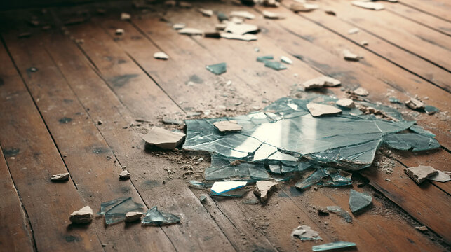 Shattered picture frame with pieces of broken  glass on the floor