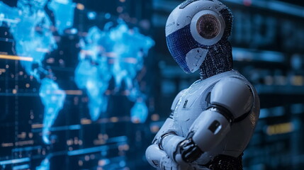 Fototapeta premium Robot arm crossed, Humanoid robot standing on blue world map icon background. Generated AI.