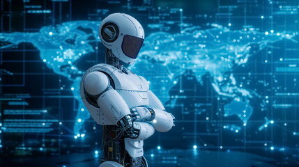 Robot arm crossed, Humanoid robot standing on blue world map icon background. Generated AI.