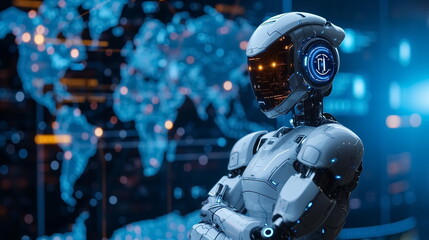 Fototapeta premium Robot arm crossed, Humanoid robot standing on blue world map icon background. Generated AI.
