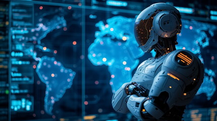 Fototapeta premium Robot arm crossed, Humanoid robot standing on blue world map icon background. Generated AI.