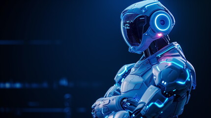 Naklejka premium Robot arm crossed, Humanoid robot standing on dark blue background. Generated AI.