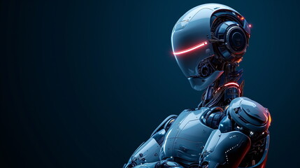 Robot arm crossed, Humanoid robot standing on dark blue background. Generated AI.