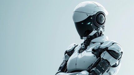 Robot arm crossed, Humanoid robot standing on white  background. Generated AI.