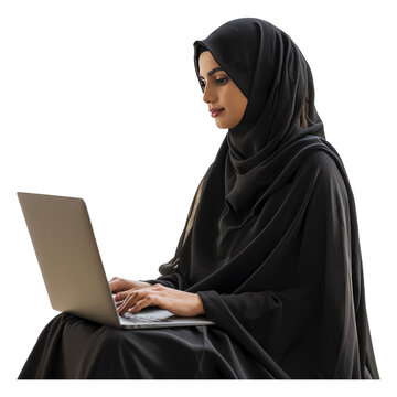 Arab abaya woman using laptop
