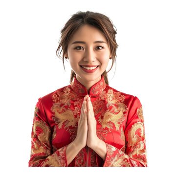 happy Chinese new year. Asian woman with gesture of congratulation