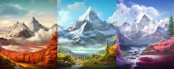 Four season moutains scenery, Abstract Forest and Mountains in winter, summer, spring, autumn. - obrazy, fototapety, plakaty