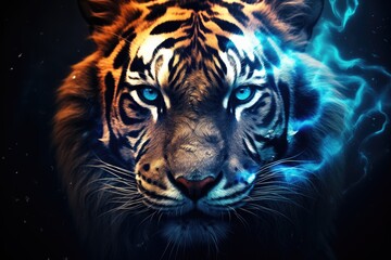 mystic tiger portrait with blue eyes