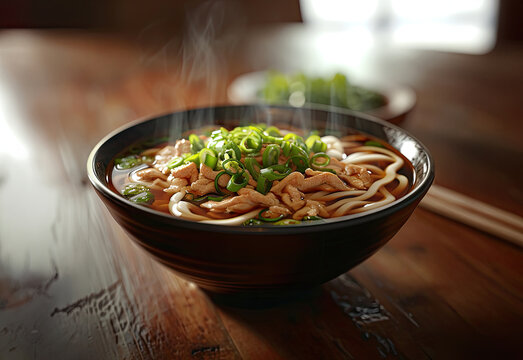 Hot udon bowl with green onions on a wooden table, chopsticks on the side, in daylight
