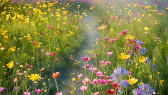 Colorful spring flowers in the sun. Various colored. Summer alpine meadow with colorful wildflowers. Camera moves among grass and colorful flowers, backlight, sunset. Summer alpine green flora backgro