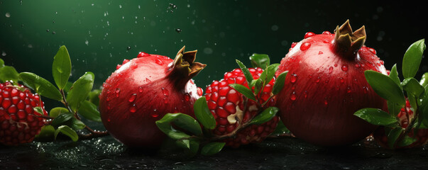 Fresh red pomegranate fruit with green leaves cut in half at dark background.