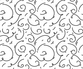 Line doodle flourish swirls seamless pattern. Black line calligraphic vintage swirl background.