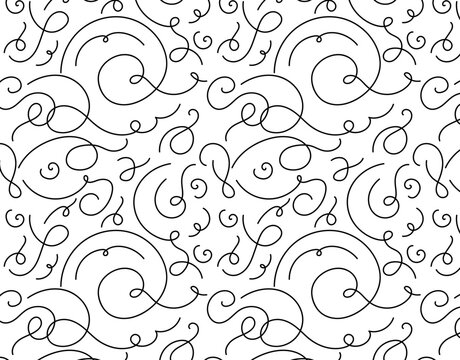 Line doodle flourish swirls seamless pattern. Black line calligraphic vintage swirl background.