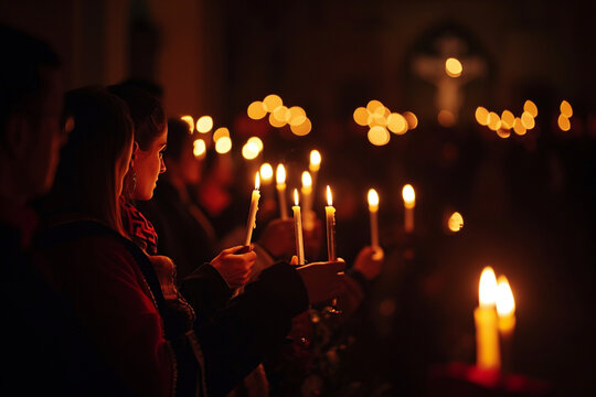 minimalist Lenten procession or church service, with worshippers holding lit candles and religious symbols, illustrating the collective observance of this sacred period in a minima