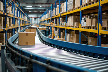 Boxes on conveyor rollers ready to be shipped by courier for distribution AI Generation