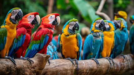 A group of colorful parrots in an aviary their vibrant feathers a rainbow of hues chatting and socializing.