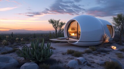 Fototapeta na wymiar White glossy tiny house in futuristic style in desert or beach, agave, cactus, capsule round form, golden hour evening dusk, stones, bright style