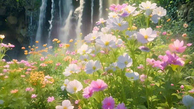 Colorful spring flowers in the sun. Various colored. Summer alpine meadow with colorful wildflowers. Camera moves among grass and colorful flowers, backlight, sunset. Summer alpine green flora backgro
