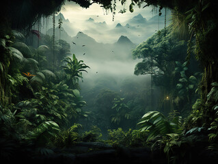Exotic foggy forest jungle panorama forest oasis foggy dark forest natural forest landscape 3d