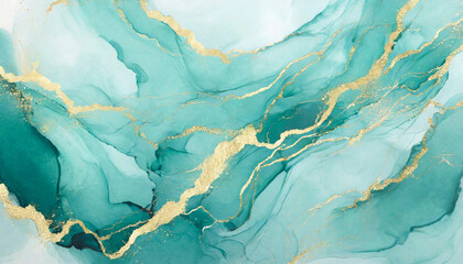 Mint liquid marble watercolor background with delicate gold lines and brush stains