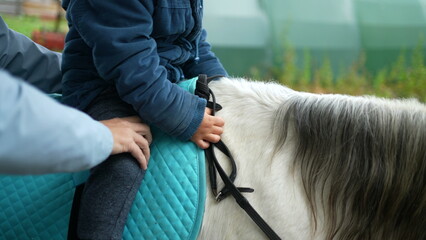 Cute small boy rides pony, 4 year old child in horseback adventure made for kids