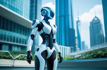 headphones on your head,big skyscrapers,video glasses on the eyes,Cybernetics style, the left space for text, with closed eyes in space suit, robot looking like a human.