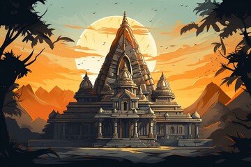 Illustration of an ancient temple dedicated to Shiva, a revered deity in India. Generative AI - obrazy, fototapety, plakaty