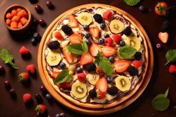Fototapeta na wymiar Colorful Fruit-Topped Chocolate Dessert Pizza