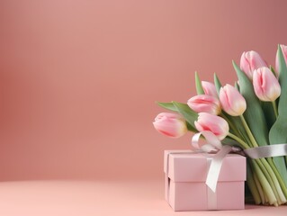 Pink Tulips with Gift on Peach