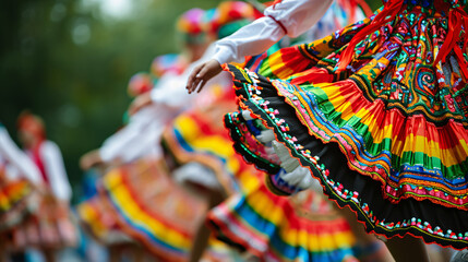 Traditional Eastern European folk dancers in colorful costumes performing at a cultural festival. - obrazy, fototapety, plakaty