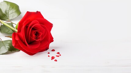 Red rose single on white background. Valentine's day-wedding. greeting card. advertisement. copy text space.	
