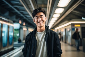 Fototapeta premium Portrait of a grinning asian man in his 20s donning a trendy cropped top against a modern city train station. AI Generation
