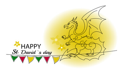 Fototapeta na wymiar Happy St David's Day. Welsh Dragons and Yellow Daffodils. One continuous line drawing of narcissus with lettering Davids day. Vector illustration