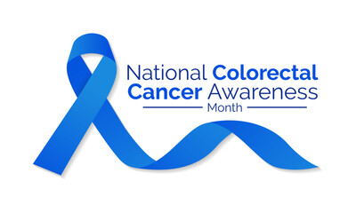Colorectal Cancer awareness month is March. 
Banner, poster, card, background design with  blue ribbon and text. Vector illustration.