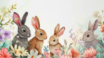 Obraz premium Watercolor Rabbits in Blossoming Garden Scene. A quartet of watercolor bunnies among colorful garden blossoms.