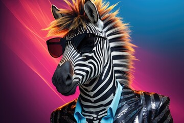 Naklejka premium cool party zebra with sunglasses on disco background