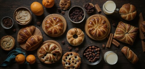  a table topped with lots of different types of pastries and oranges next to cups of milk and oranges on top of each side of a wooden table. - obrazy, fototapety, plakaty