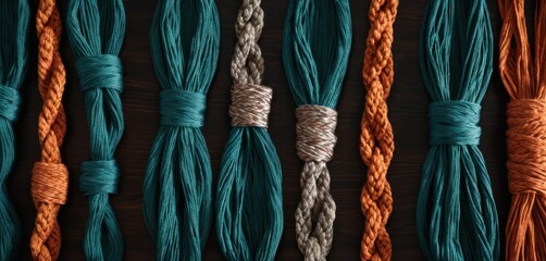  a close up of a bunch of different colors of yarn on a wooden surface with a knot in the middle of the row of yarns on the side of the row.