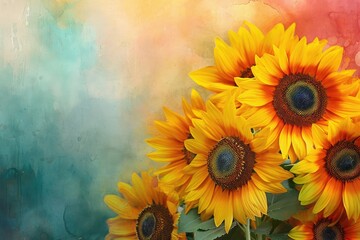 Fototapeta na wymiar Sunflowers Against a Textured Backdrop. Vivid sunflowers against a colorful, abstract background.
