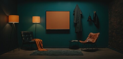  a room with a chair, a lamp, and a picture on the wall in front of the chair is a chair with a blanket on it and a table with a lamp on it.